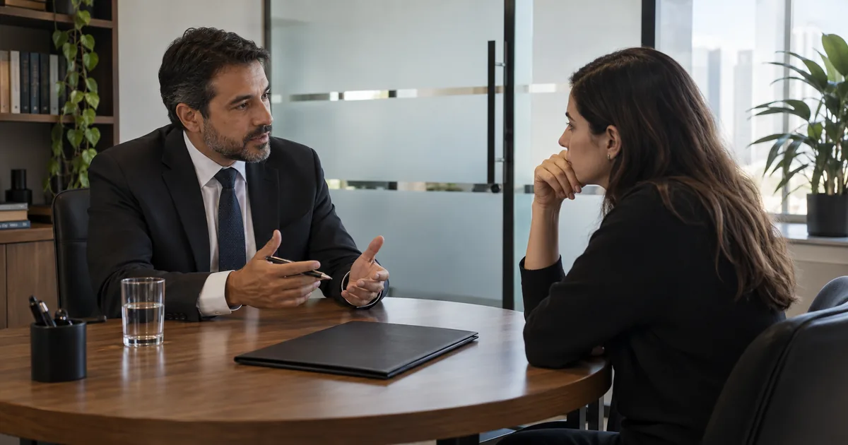 Advogado orienta cliente em consulta confidencial sobre defesa criminal