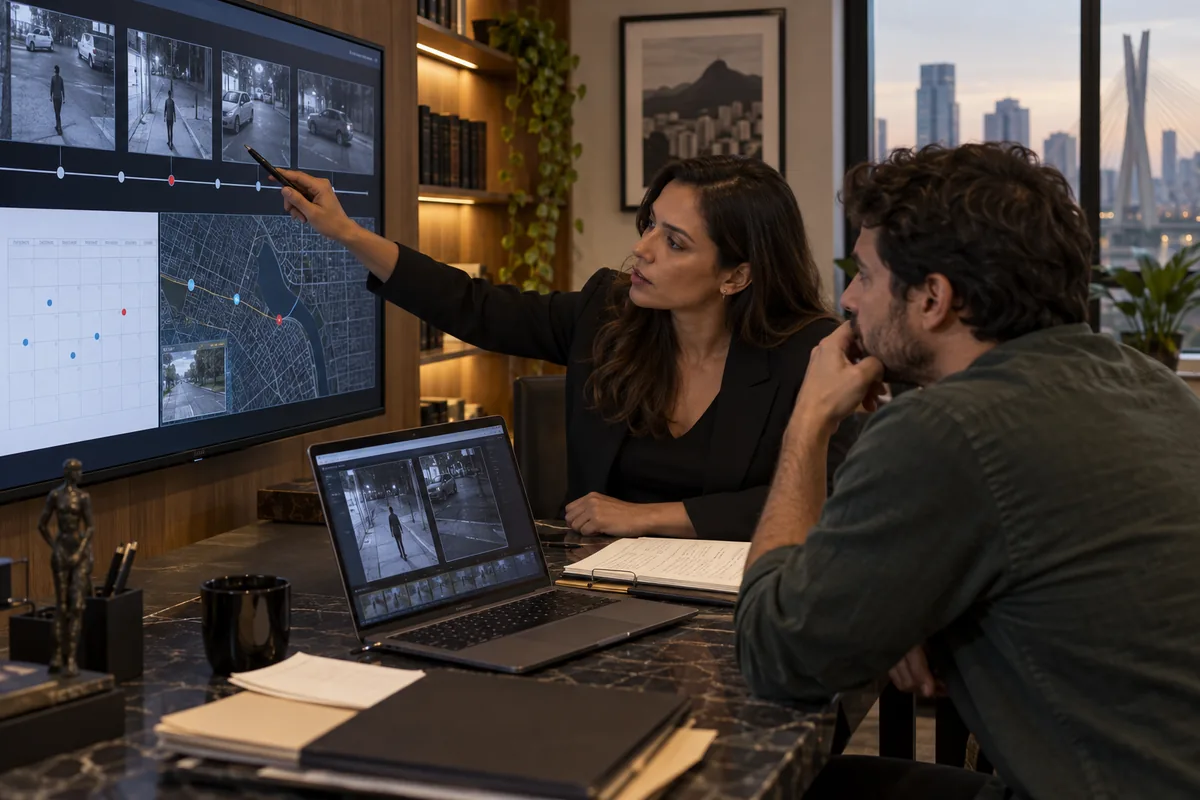 Advogada e cliente analisam cronologia imagens e localização