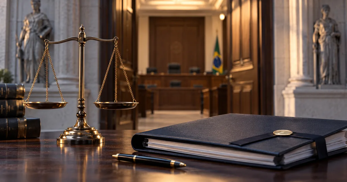 Pasta confidencial e balança diante de sala de audiência