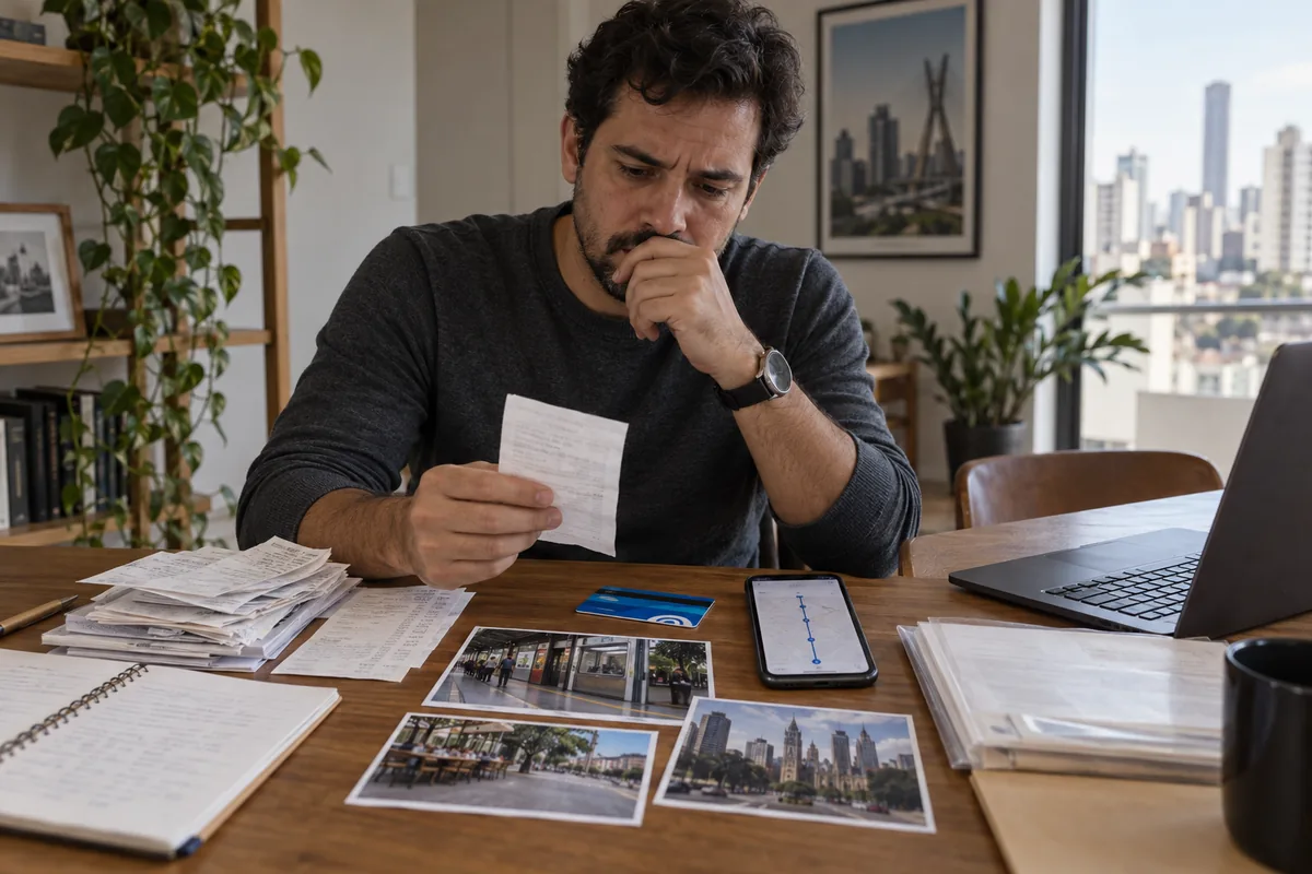 Pessoa organiza recibos localização e fotografias para a defesa criminal