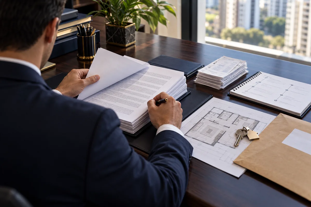 Advogado analisa contrato, recibos e cronologia de compra de imóvel