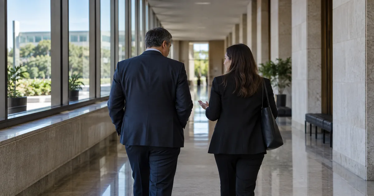 Servidor público caminha com advogada em edifício administrativo