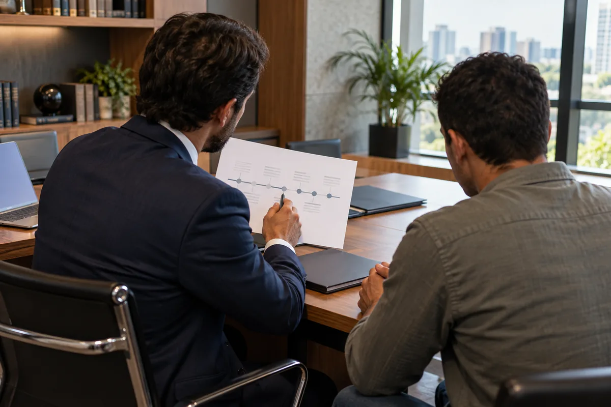 Advogado explica a linha do tempo do processo a cliente