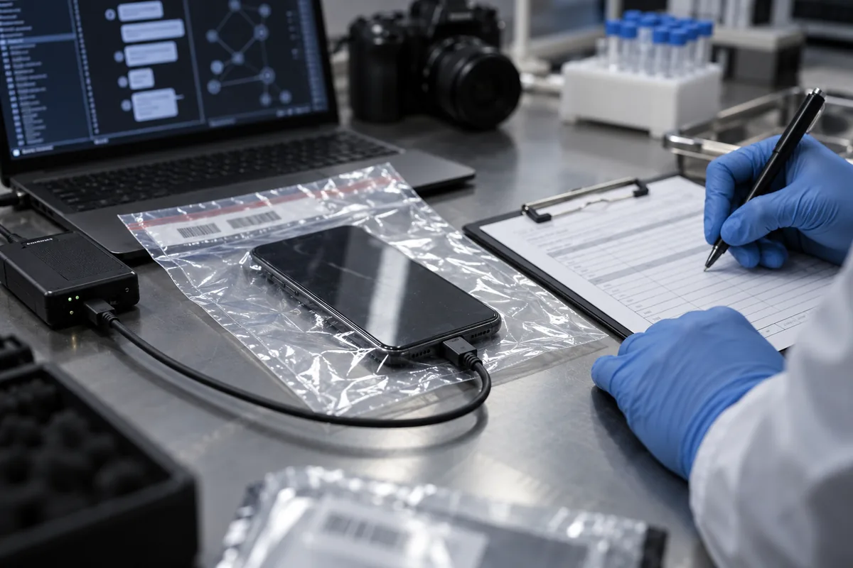 Celular lacrado é documentado durante exame forense de prova digital