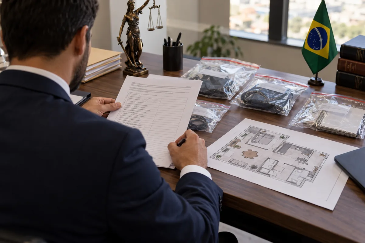Advogado analisa inventário de evidências e planta de residência compartilhada