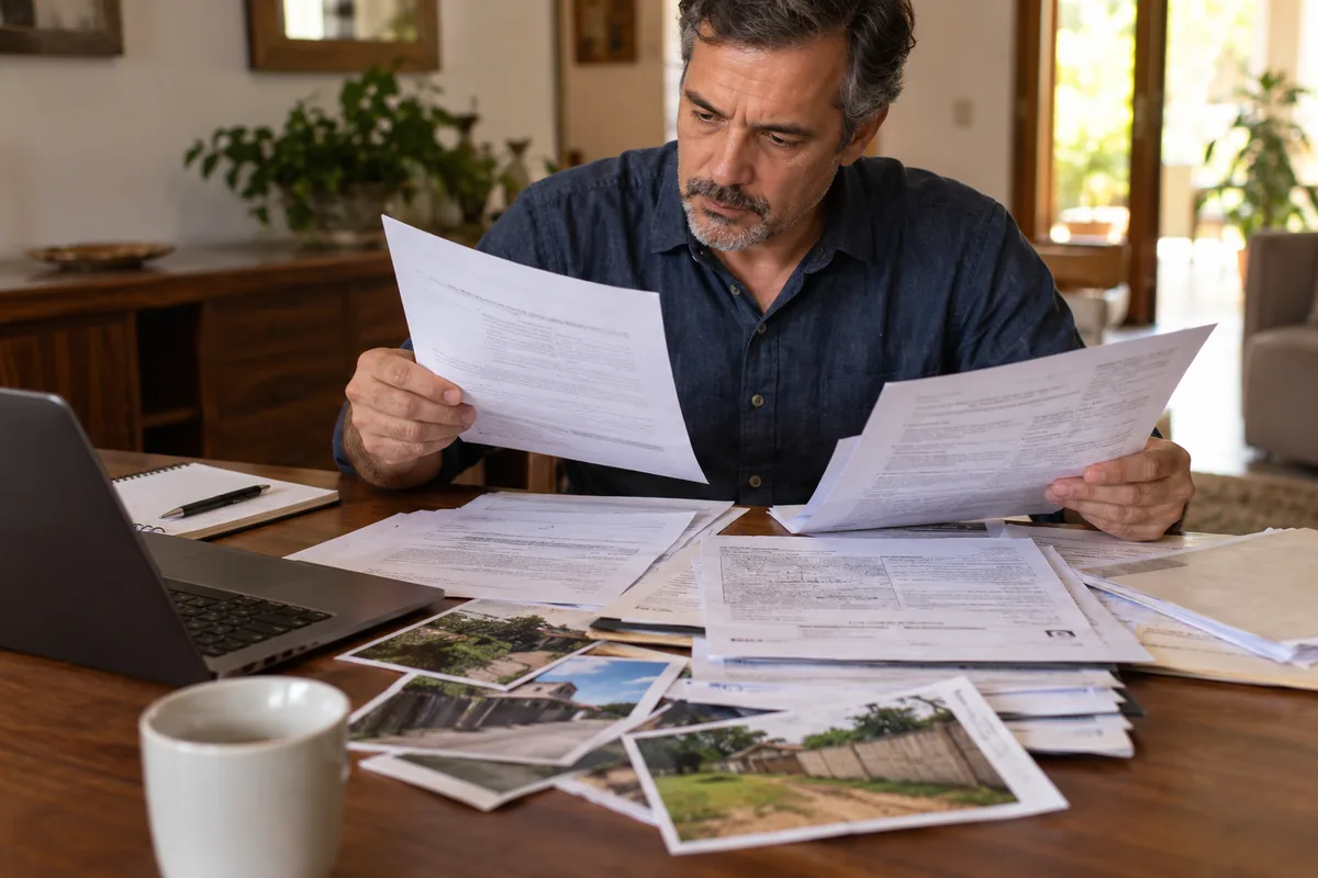 Proprietário organiza documentos e fotos do imóvel para contestar ação de usucapião