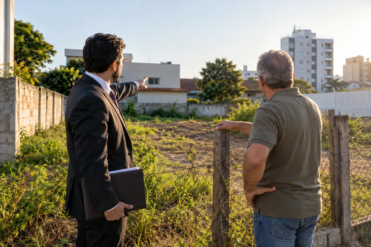 Advogado e proprietário analisam limites de terreno urbano discutido em ação de usucapião