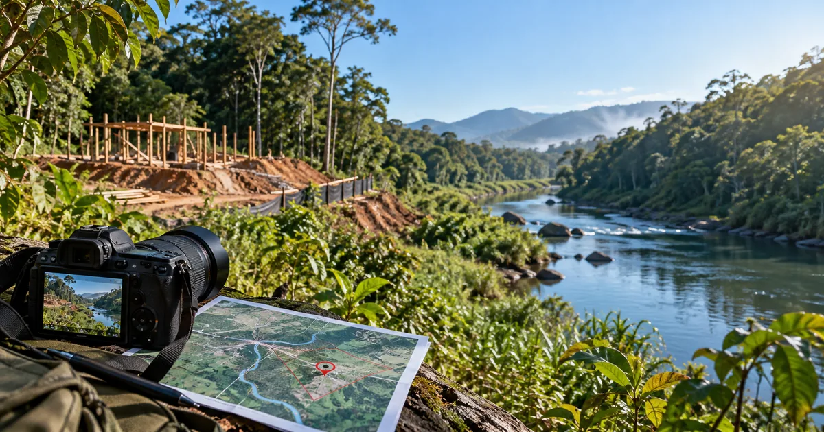 Obra em área protegida documentada com câmera e mapa