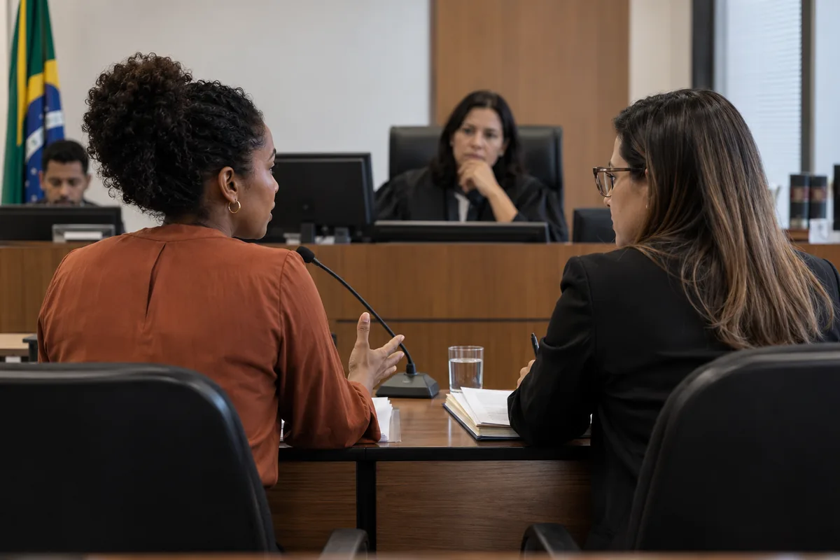Trabalhadora presta depoimento acompanhada por advogada em audiência