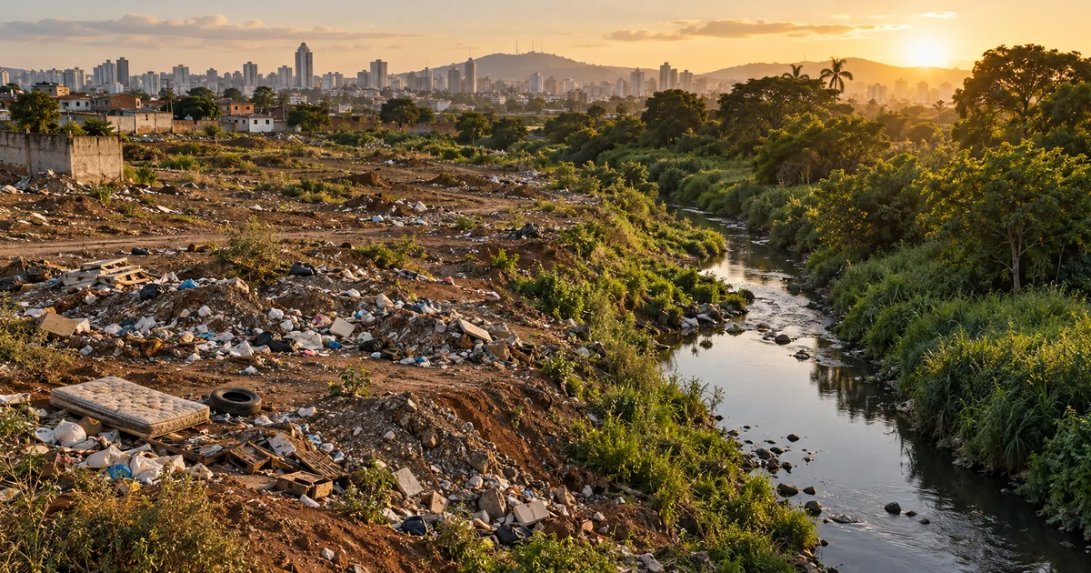 Área urbana degradada por descarte irregular de resíduos junto a córrego