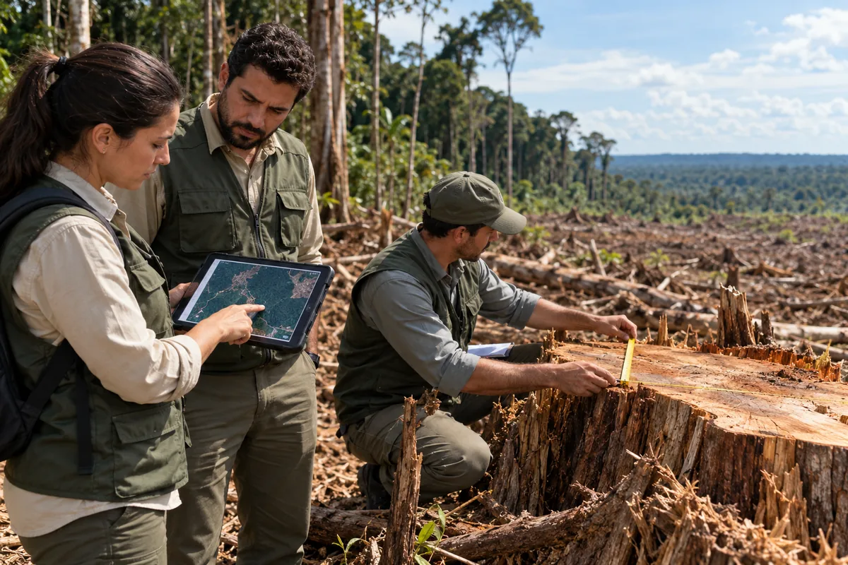Equipe mede toco e analisa mapa em área desmatada