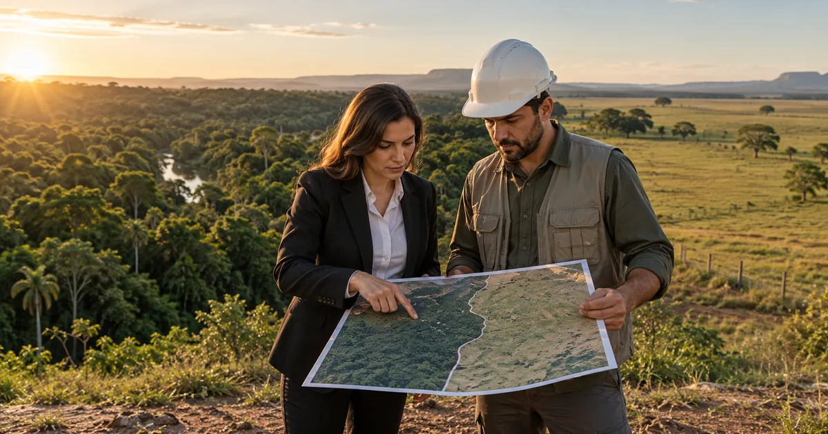 Profissionais analisam mapa na borda de floresta