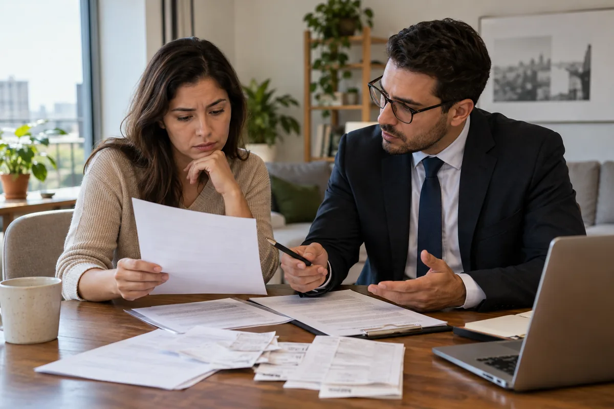 Inquilina e advogado analisam notificação de despejo e contrato