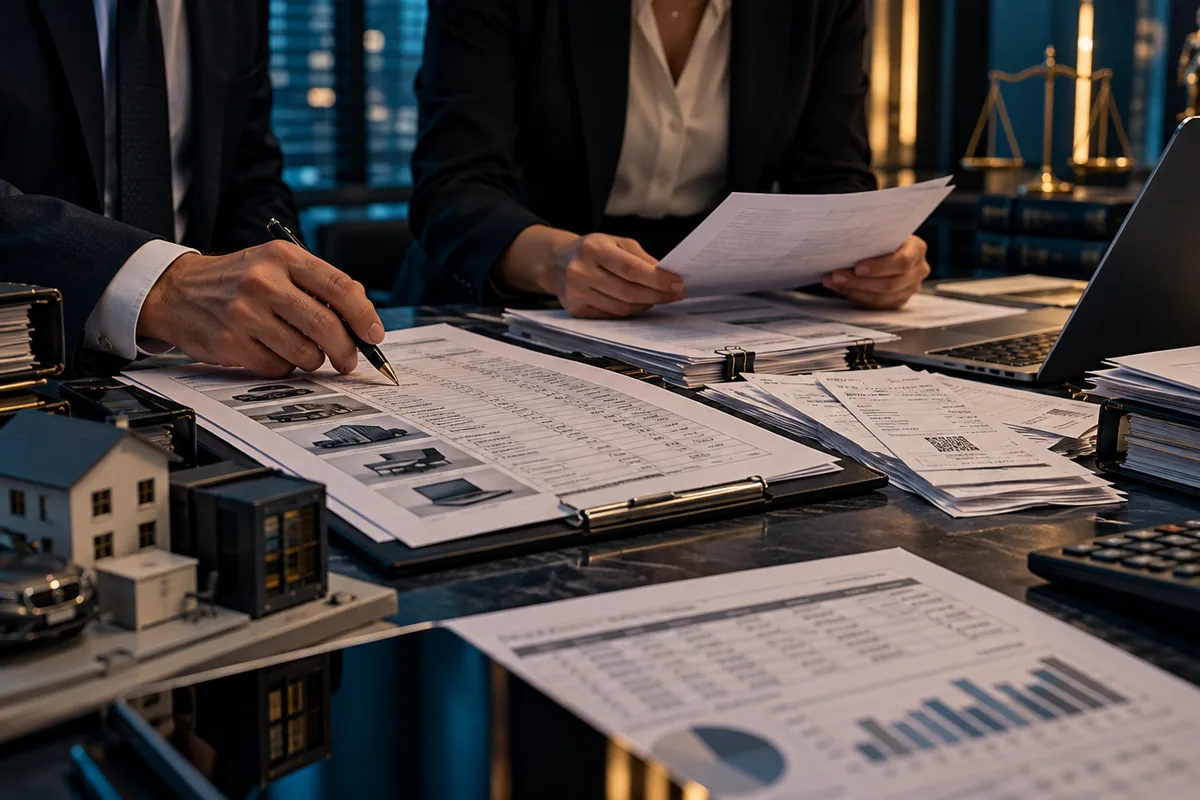 Equipe analisa inventário, notas fiscais e registros patrimoniais em auditoria defensiva