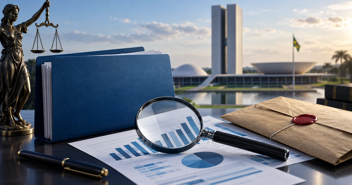 Documentos públicos e lupa representam fiscalização de recursos