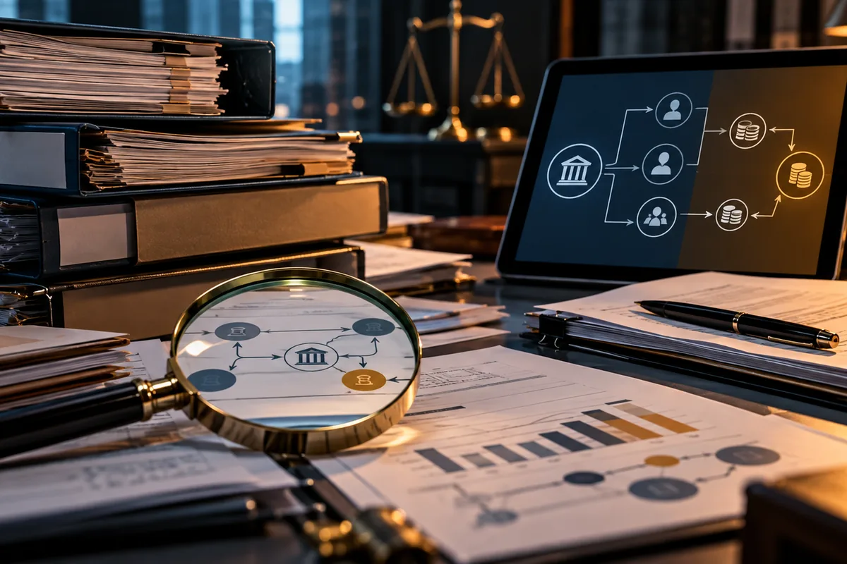 Documentos e fluxograma financeiro sob análise jurídica
