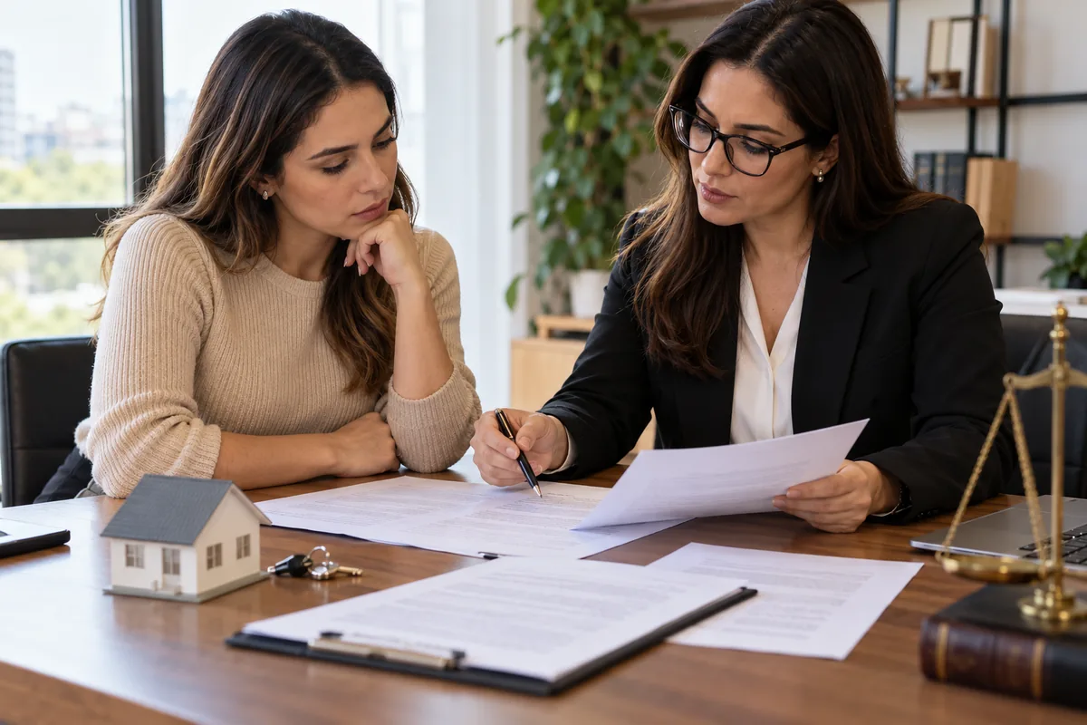 Compradora e advogada analisam contrato e comprovante de sinal