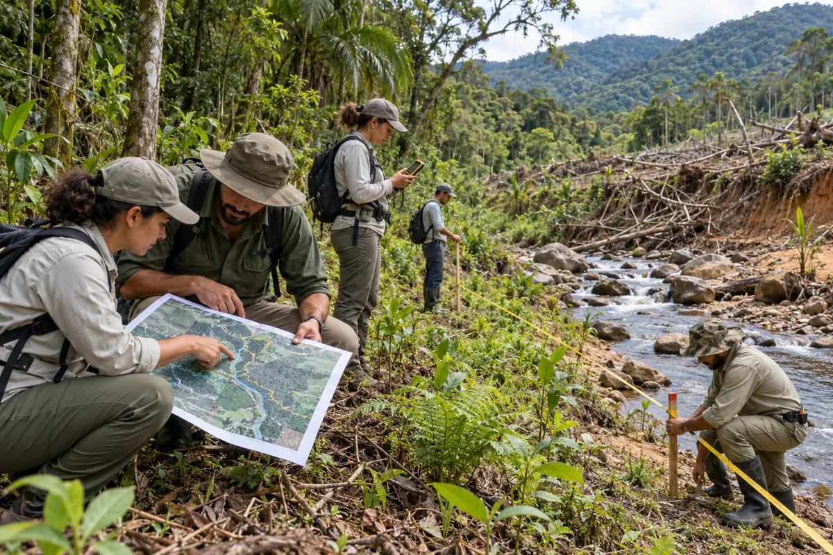 Equipe delimita e avalia margem degradada antes do projeto de recuperação de APP