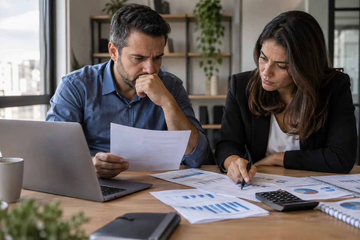 Sócios analisam caixa e dívidas de uma empresa em crise