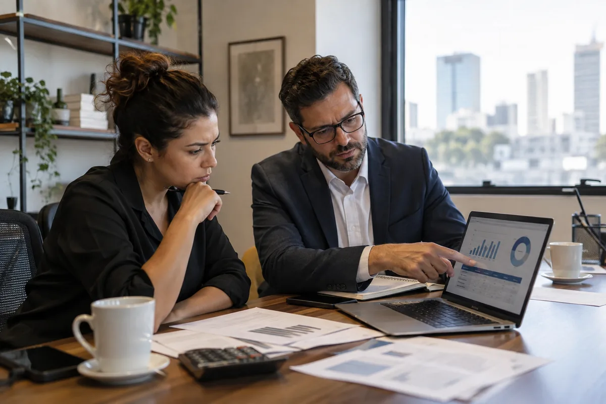 Empresária e consultor analisam fluxo de caixa e dívidas da empresa