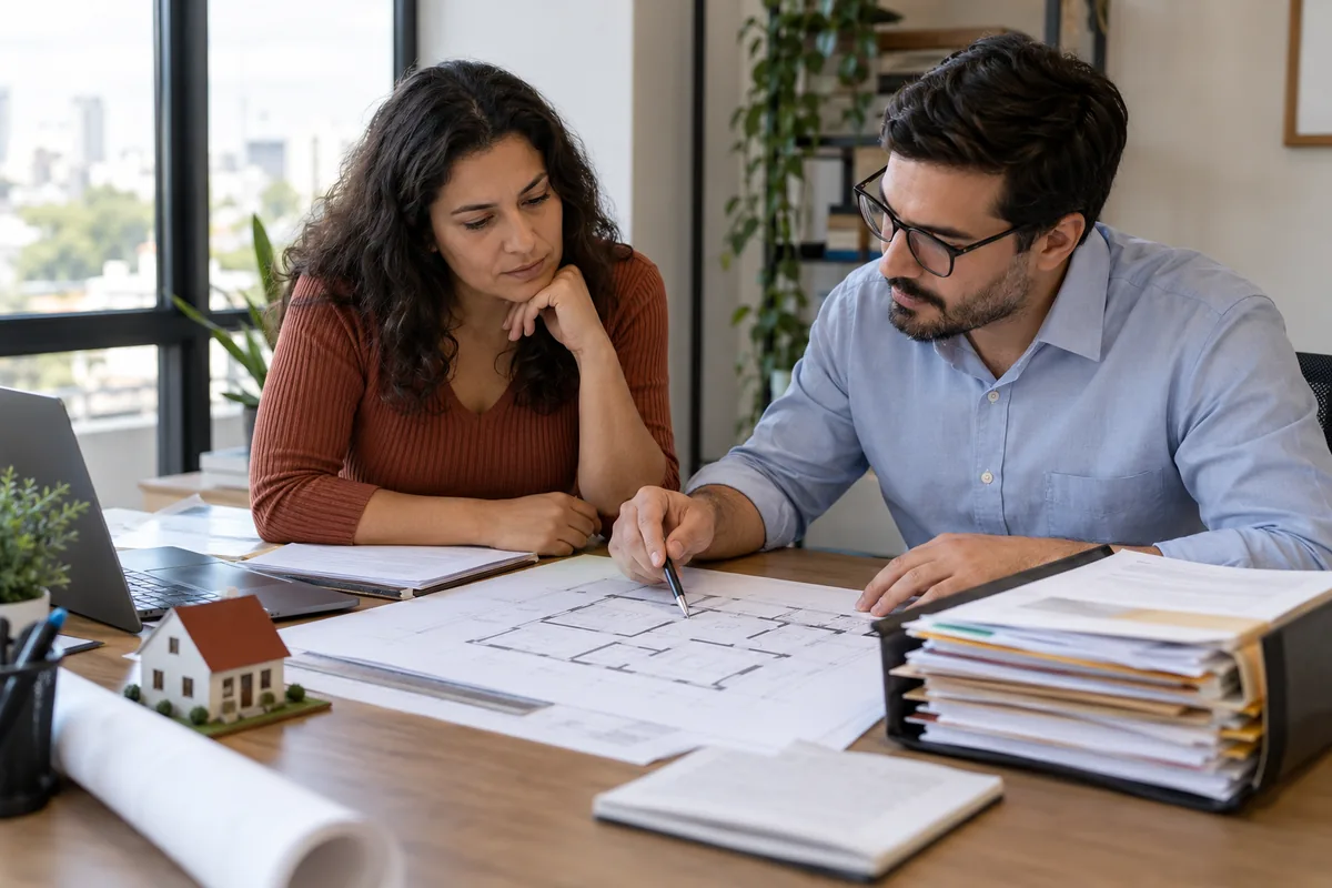 Proprietária e profissional analisam planta e documentos do imóvel