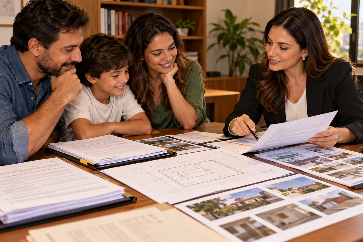 Família e advogada analisam documentos, planta e fotos para regularizar a posse