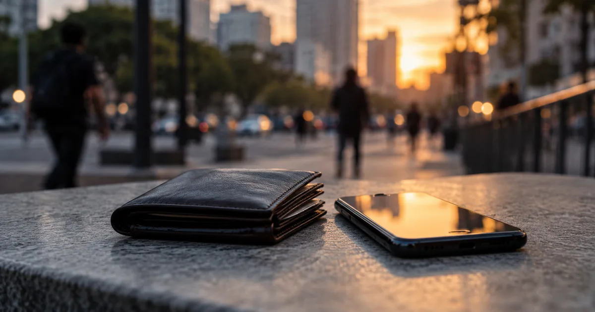 Carteira e celular em cena urbana sobre diferença entre furto e roubo
