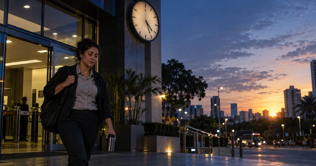 Trabalhadora urbana deixa turno noturno ao amanhecer