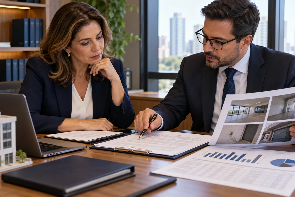 Proprietária e advogado analisam contrato e relatório de locação comercial