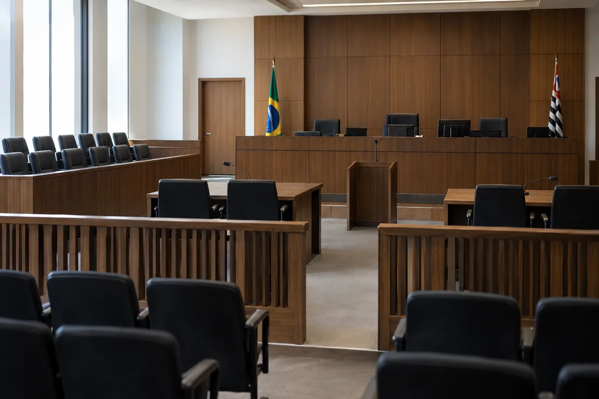 Sala de Tribunal do Júri preparada para sessão de julgamento