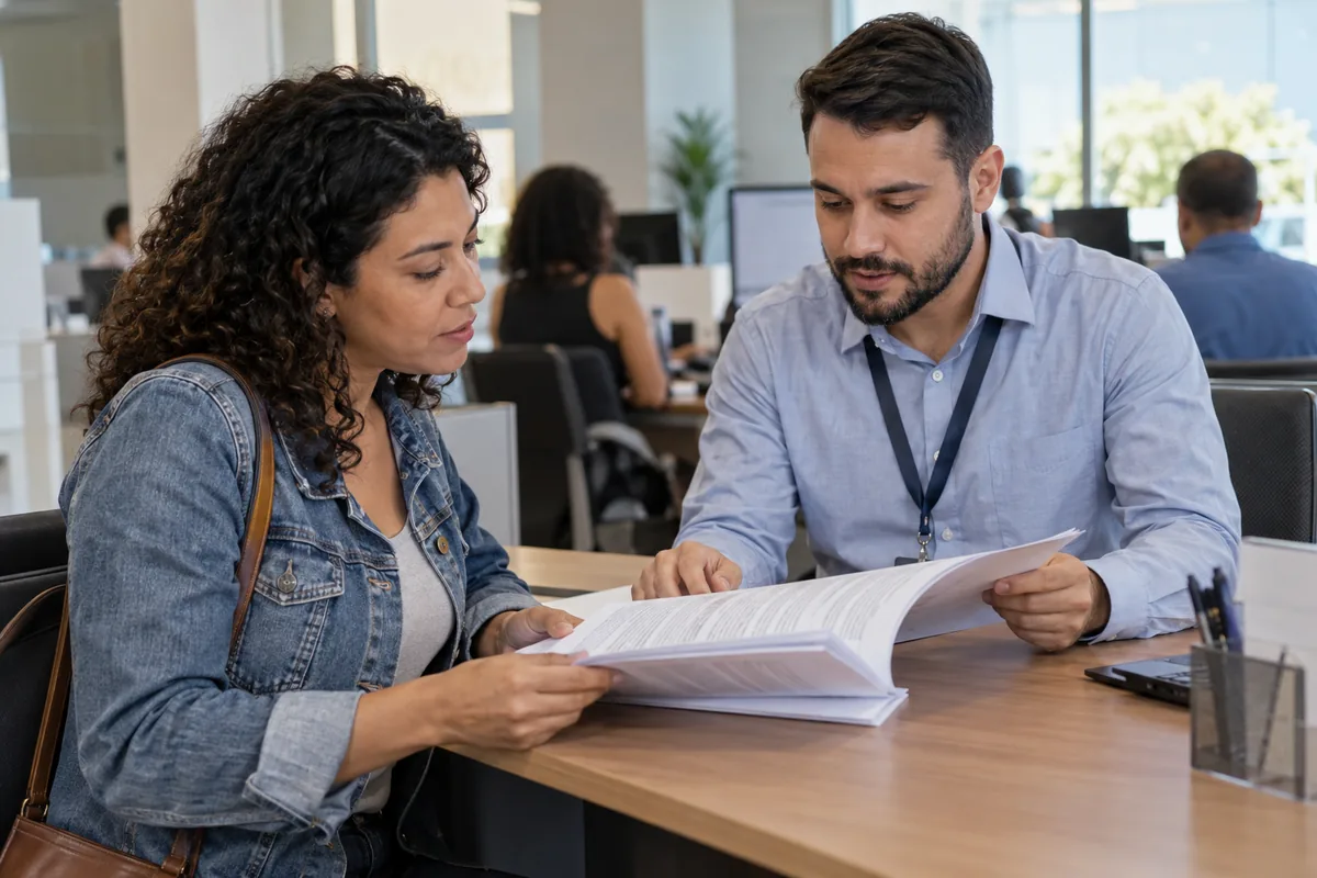 Consumidora recebe explicações sobre contrato e direitos de revisão