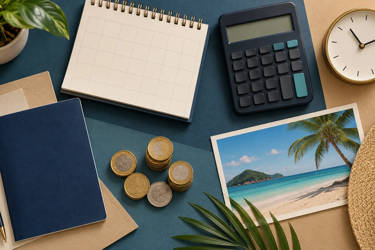 Calendário, calculadora e elementos que representam as parcelas trabalhistas