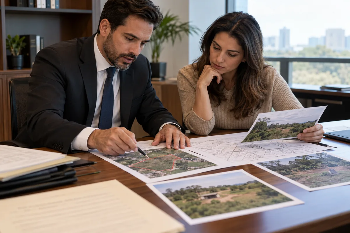 Advogado e cliente comparam mapas e documentos de imóvel em disputa