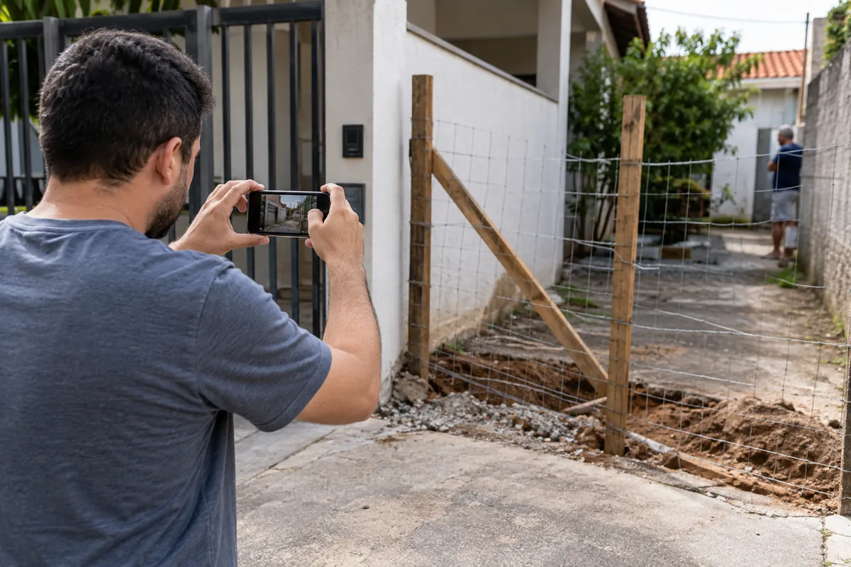 Morador fotografa uma cerca que passou a bloquear parte do acesso ao imóvel