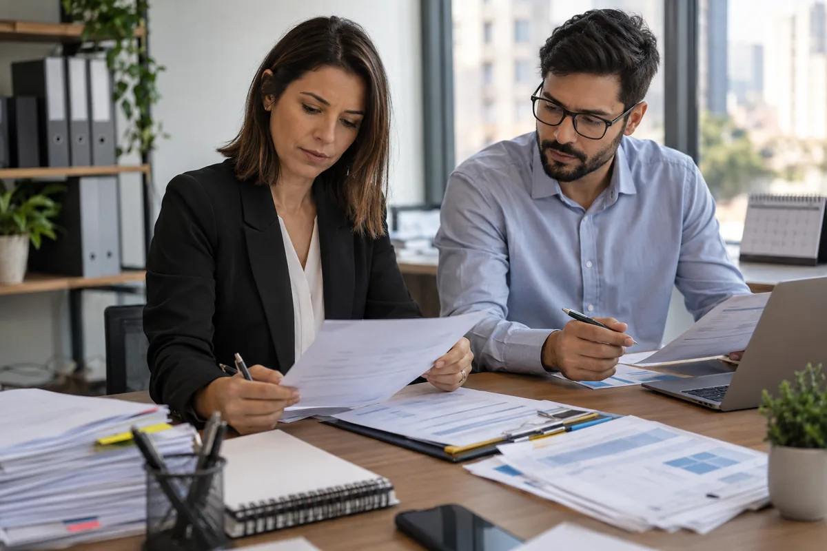 Equipe financeira confere documentos de títulos vencidos