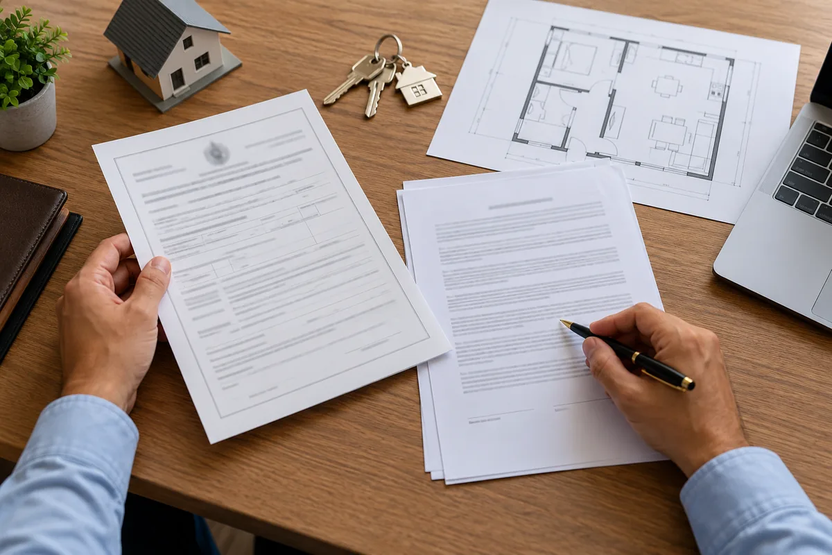 Comprador confere matrícula, contrato e planta do imóvel