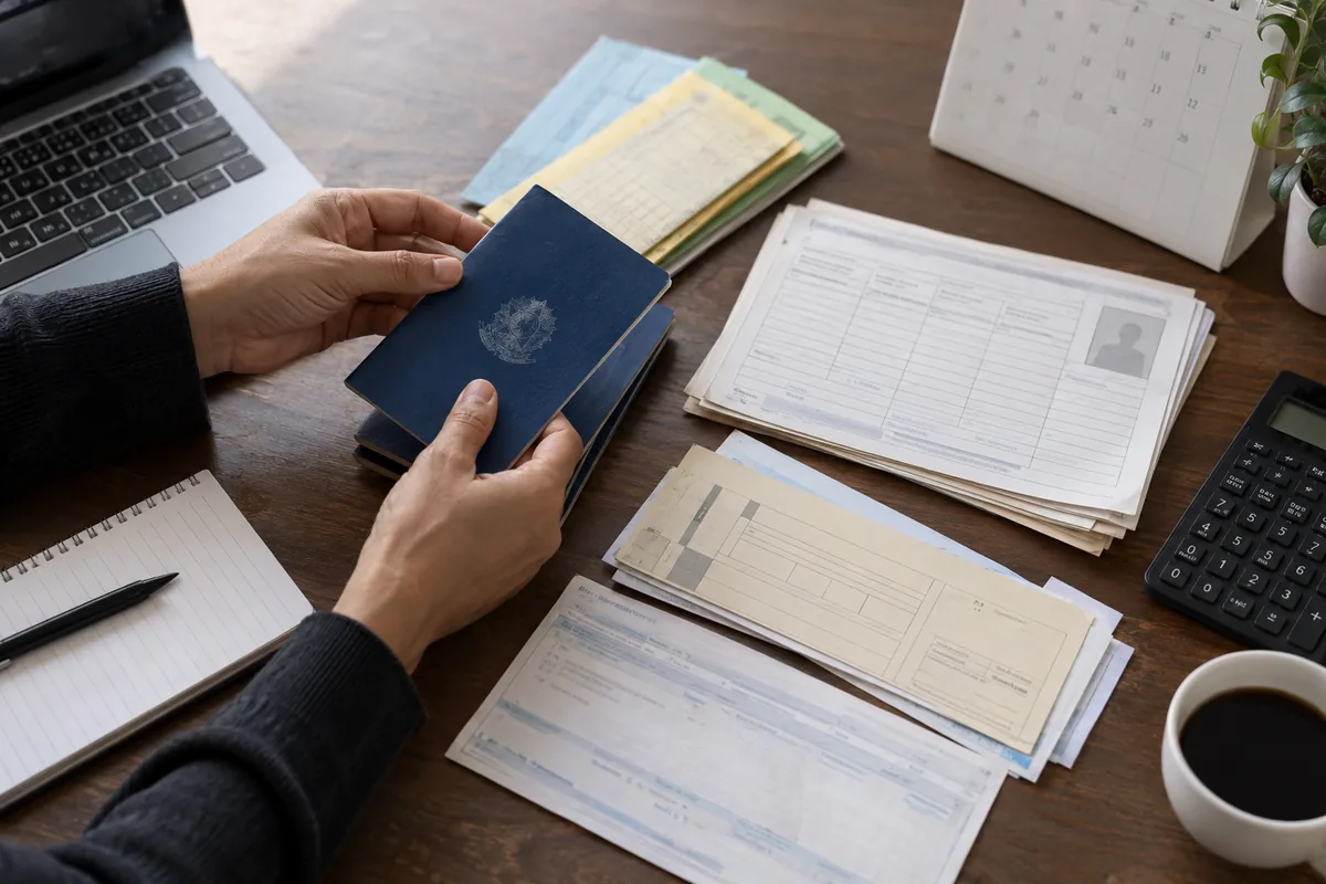 Carteira de trabalho e comprovantes para revisar o tempo de contribuição
