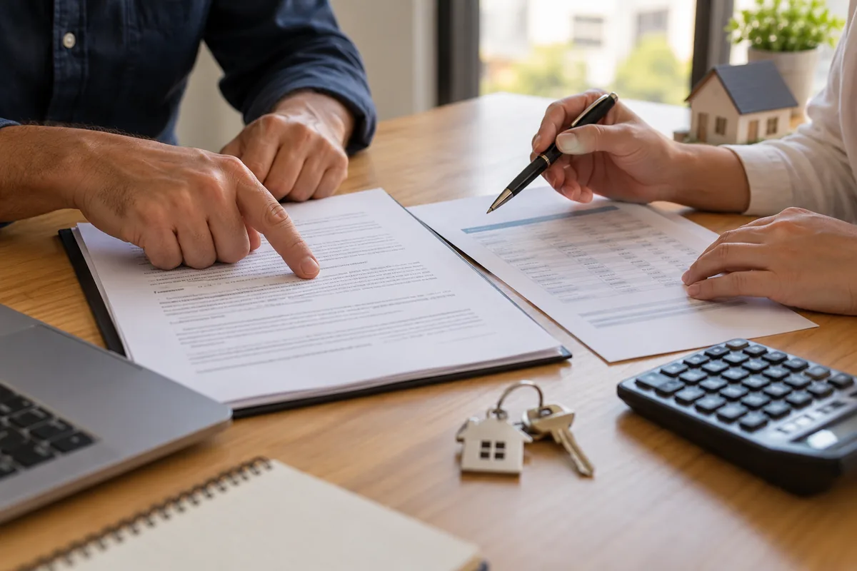 Mãos conferem contrato, pagamentos e chaves antes do distrato imobiliário
