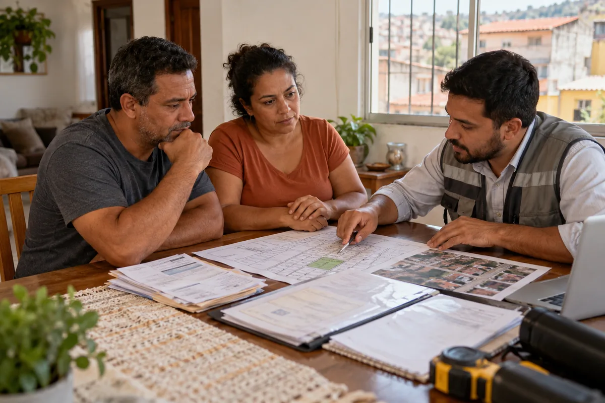 Moradores analisam documentos de posse e planta do imóvel com profissional