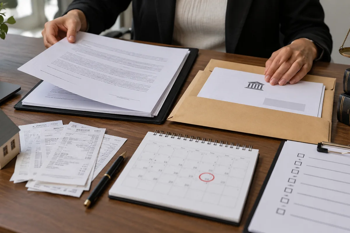 Contrato, citação, calendário e recibos organizados para defesa
