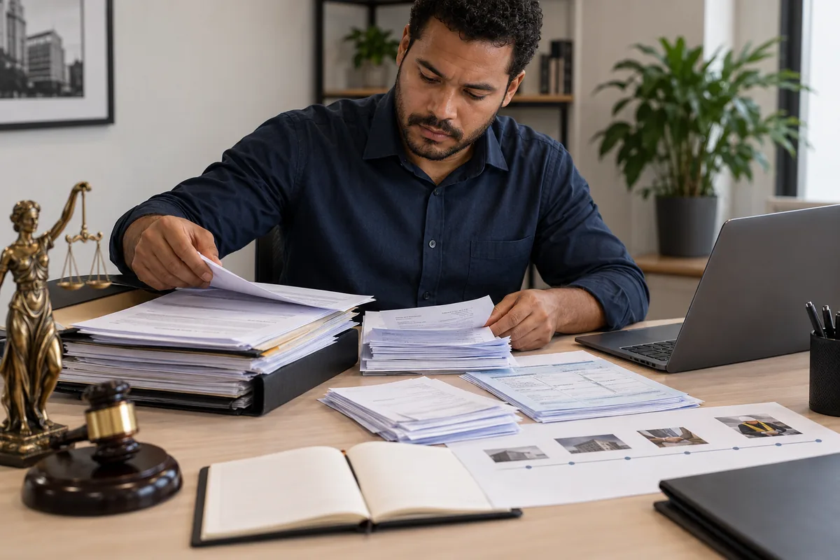 Trabalhador organiza documentos para processo por reajuste salarial
