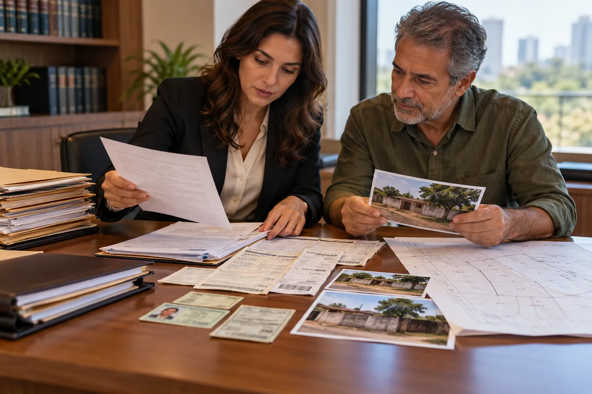 Advogada e cliente organizam documentos, contas, fotografias e planta do imóvel