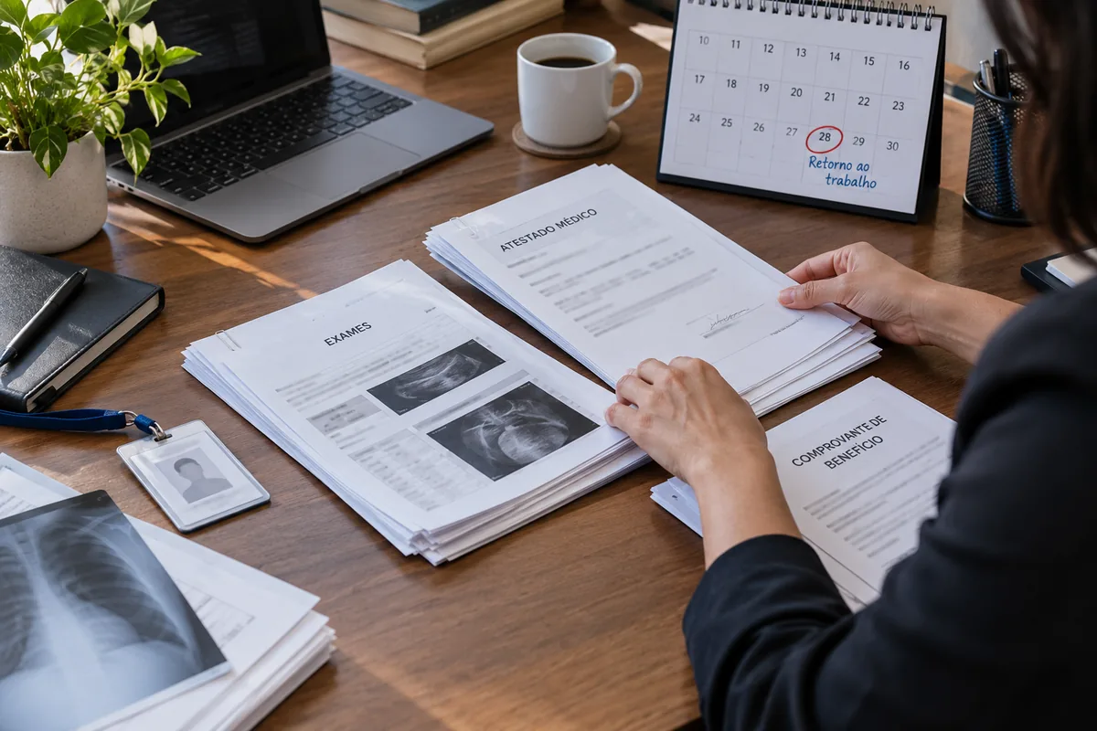 Trabalhadora organiza atestados, exames e comprovante de benefício