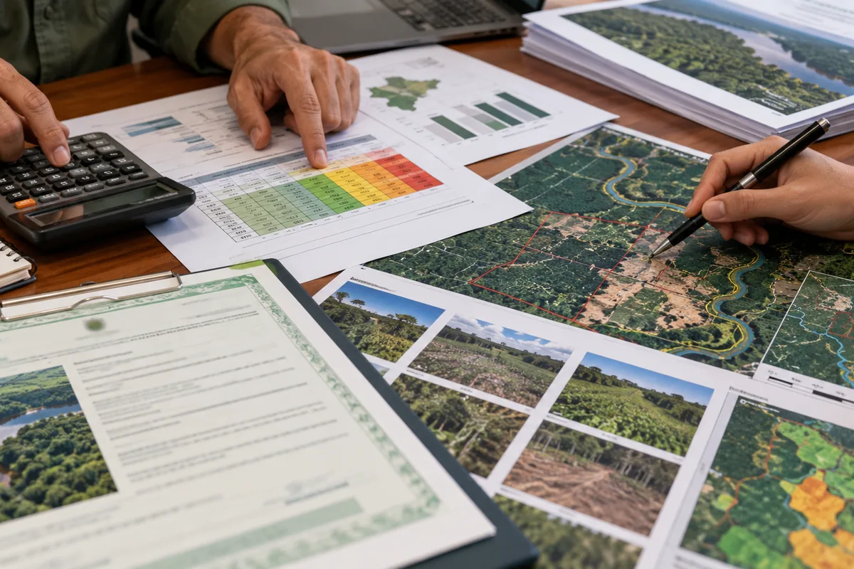 Documentos mapas e calculadora usados na revisão de multa ambiental