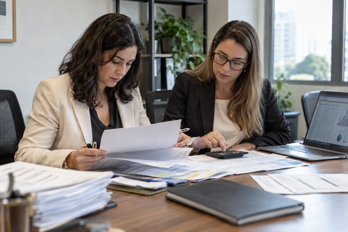 Profissionais revisam documentos de crédito para compensação tributária