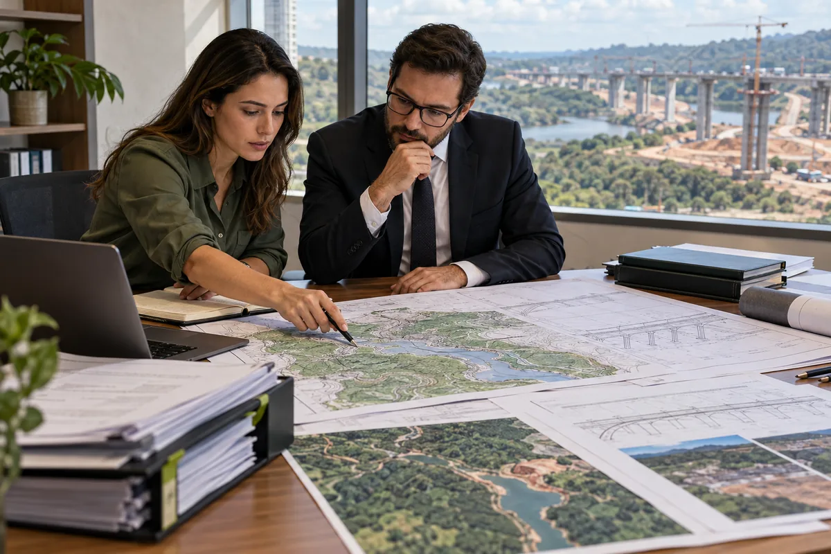 Engenheira ambiental e advogado revisam documentos de grande obra