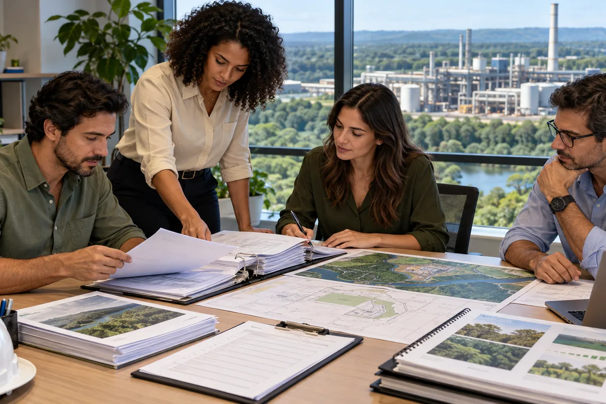 Equipe revisa documentos mapas e estudos de licenciamento ambiental