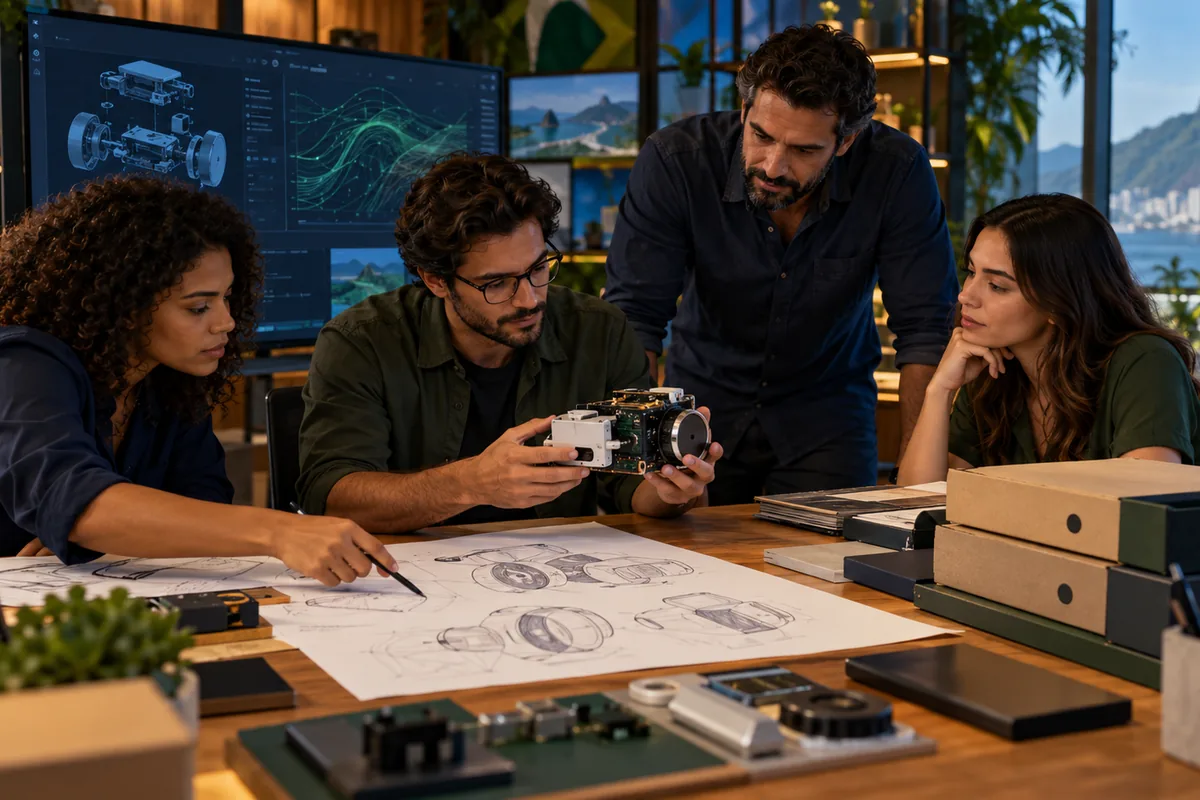 Equipe analisa protótipo e documentos de um projeto inovador