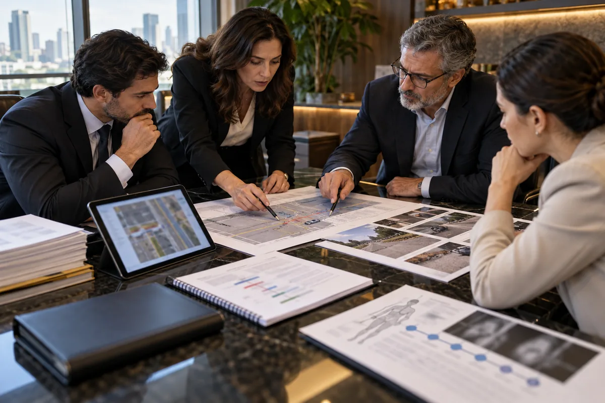 Equipe jurídica e perito revisam dinâmica e nexo causal de acidente