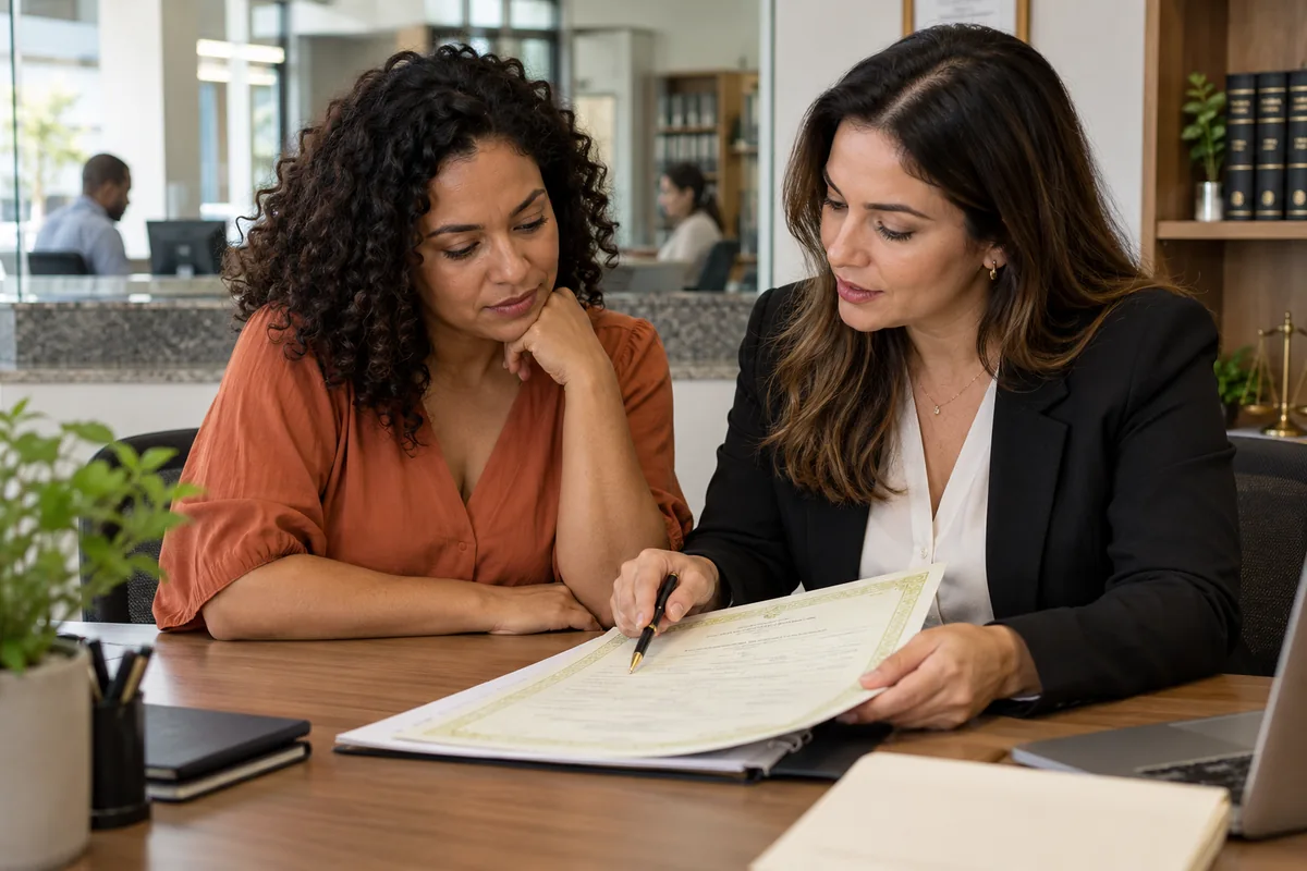 Cliente e advogada conferem certidão de casamento com averbação de divórcio